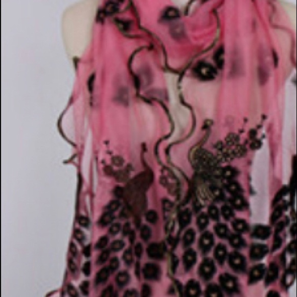 ☀️Parisian-style Gold-trim PINK Peacock Scarf🦚 - Picture 3 of 8